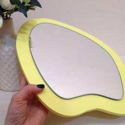Oval Pastel Yellow Wavy Mirror, Funky Wood Asymmetrical Wall Decor - thumbnail 2