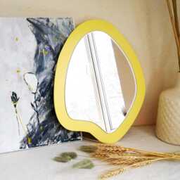 Oval Pastel Yellow Wavy Mirror, Funky Wood Asymmetrical Wall Decor - thumbnail 1