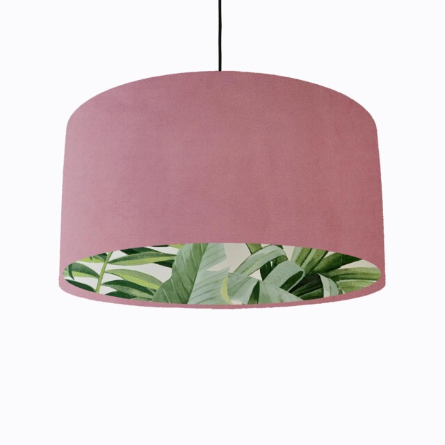Light Pink Velvet Drum Lampshade With Lush Green Leaves Lining, Large Blush Tropical Lightshade - image 1