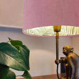 Light Pink Velvet Drum Lampshade With Lush Green Leaves Lining, Large Blush Tropical Lightshade - thumbnail 2