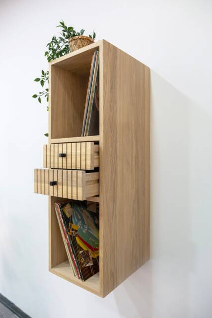 Floating Vinyl Record Storage Cabinet in Solid Oak With Drawers - image 1