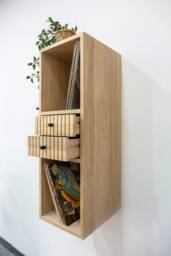 Floating Vinyl Record Storage Cabinet in Solid Oak With Drawers - thumbnail 1
