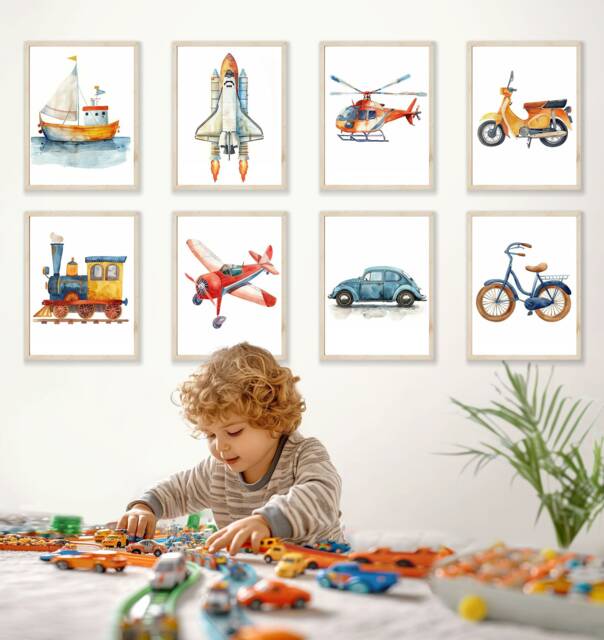 Vehicle Nursery Prints Watercolor Airplane, Train, Car, Rocket Art - Set Of 8 - image 1