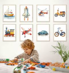Vehicle Nursery Prints Watercolor Airplane, Train, Car, Rocket Art - Set Of 8 - thumbnail 1