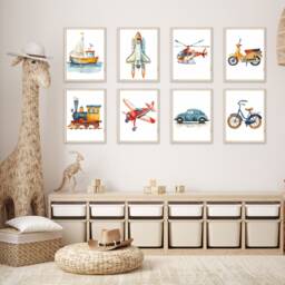 Vehicle Nursery Prints Watercolor Airplane, Train, Car, Rocket Art - Set Of 8 - thumbnail 3