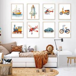 Vehicle Nursery Prints Watercolor Airplane, Train, Car, Rocket Art - Set Of 8 - thumbnail 2