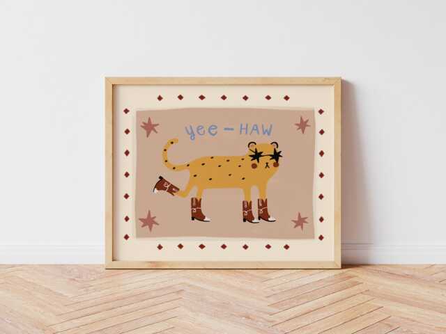 Cowboy Cheetah, Eclectic Illustration Art, Bedroom Animal Illustration, Nursery Wall Nursery, Kids Room, Unframed - image 1