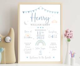New Baby Personalised Print - Birth Details Gift Keepsake For Boy Newborn Christening - thumbnail 1