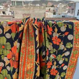 Block Print Patchwork Reversible Cotton Kantha Quilt Handmade Artisan Bedding - thumbnail 2