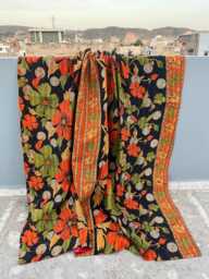 Block Print Patchwork Reversible Cotton Kantha Quilt Handmade Artisan Bedding - thumbnail 1