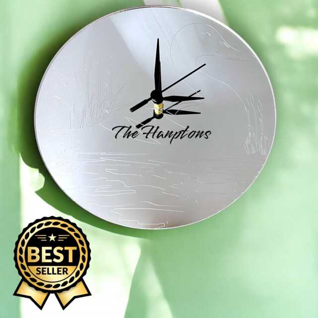 Etched Duck in The Reeds Round Mirrored Clocks - Custom Colours, Shapes Sizes & Woods - image 1