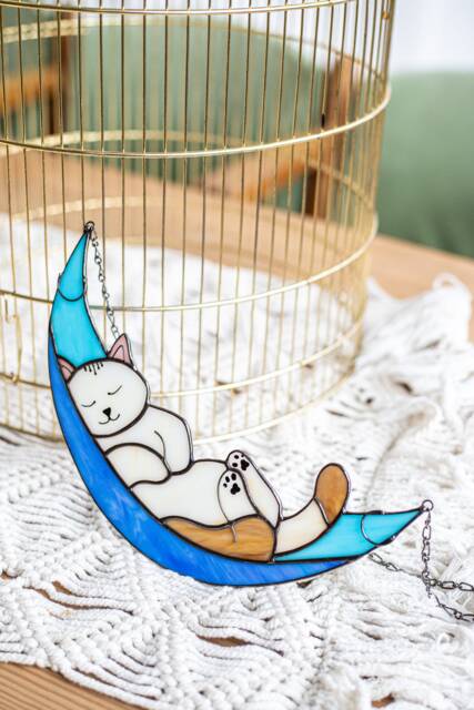 Cat in Moon Stained Glass Suncather. Kitchen Decor, Funny Wall Sun Catcher, Window Hangings, Mother's Gift, Memorial Cat Lover Gift - image 1