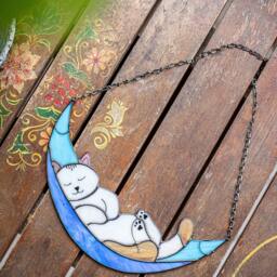 Cat in Moon Stained Glass Suncather. Kitchen Decor, Funny Wall Sun Catcher, Window Hangings, Mother's Gift, Memorial Cat Lover Gift - thumbnail 4
