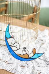 Cat in Moon Stained Glass Suncather. Kitchen Decor, Funny Wall Sun Catcher, Window Hangings, Mother's Gift, Memorial Cat Lover Gift - thumbnail 1