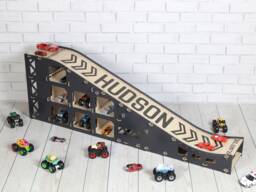 Personalized Toy Car Ramp, Wooden Race Track Garage, Gift For Monster Truck Loving Boy