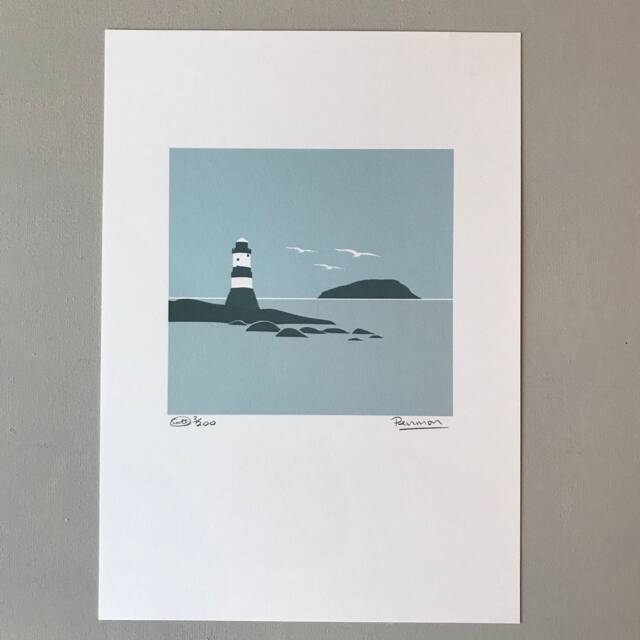 Penmon Print, Trwyn Du, Wales, Cymru, Art, Celf, Ynys Mon, Anglesey, Welsh Seiriol, Puffin Island, Glas, Blue - image 1