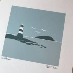 Penmon Print, Trwyn Du, Wales, Cymru, Art, Celf, Ynys Mon, Anglesey, Welsh Seiriol, Puffin Island, Glas, Blue - thumbnail 2