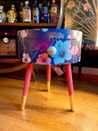 Round Coral Side Table With Drawer. Ideal Small Coffee Or Table. Tropical Blue & Pink Design Flamingo Leopard Print - thumbnail 1