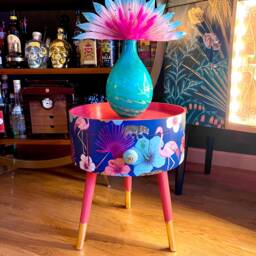 Round Coral Side Table With Drawer. Ideal Small Coffee Or Table. Tropical Blue & Pink Design Flamingo Leopard Print - thumbnail 3