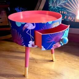 Round Coral Side Table With Drawer. Ideal Small Coffee Or Table. Tropical Blue & Pink Design Flamingo Leopard Print - thumbnail 2