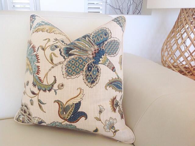 Teal Floral Cushion Cover Hamptons Style Linen Pillow - image 1