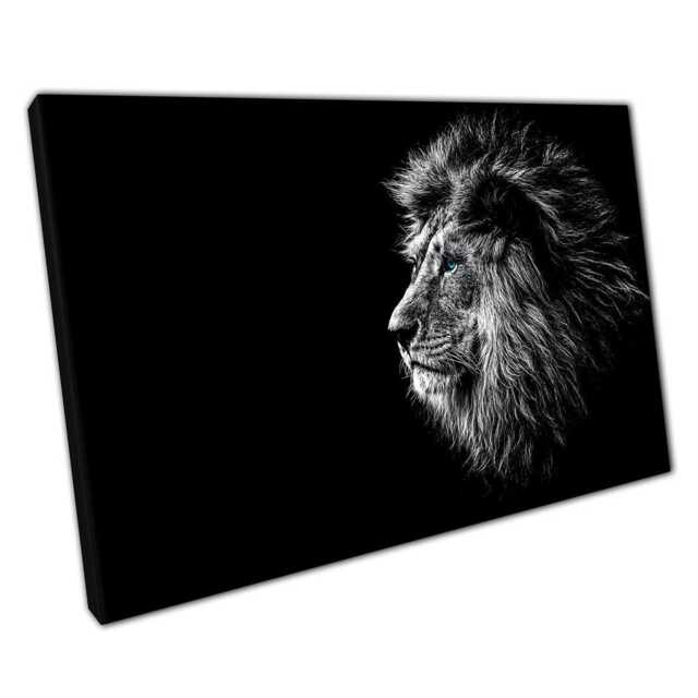 Male Lion Canvas Wall Art Print - Stunning Mane Vivid Blue Eyes Black White Photography For Home Office Decor - image 1