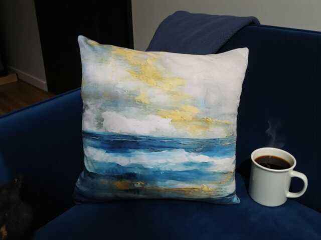 Coastal Watercolor Pillow Cover - Ocean Waves With Golden Accents Seaside Inspired Home Decor Serene Throw - image 1