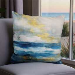 Coastal Watercolor Pillow Cover - Ocean Waves With Golden Accents Seaside Inspired Home Decor Serene Throw - thumbnail 3