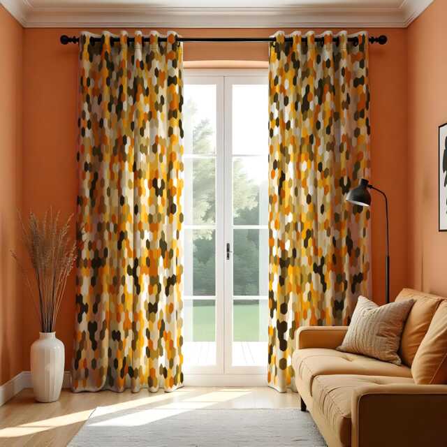 Retro Geometric Curtains, Mustard Yellow Orange Drapes, Hexagon Pattern Panels, Mid Century Modern Window Treatment For Living Room - image 1
