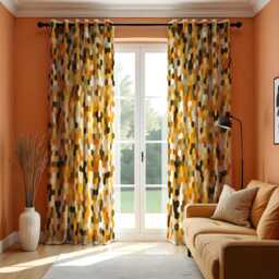 Retro Geometric Curtains, Mustard Yellow Orange Drapes, Hexagon Pattern Panels, Mid Century Modern Window Treatment For Living Room - thumbnail 1