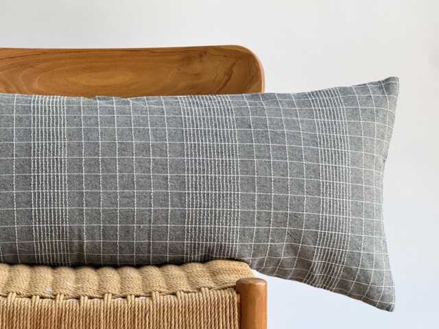 Gray Plaid Lumbar Pillow Cover Hill Tribe Woven Cotton, Boho Home Decor - 14x36 - image 1