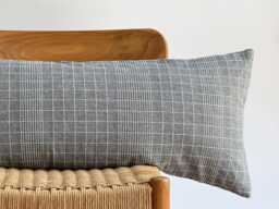 Gray Plaid Lumbar Pillow Cover Hill Tribe Woven Cotton, Boho Home Decor - 14x36 - thumbnail 1