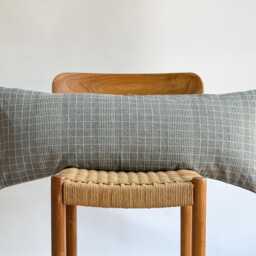 Gray Plaid Lumbar Pillow Cover Hill Tribe Woven Cotton, Boho Home Decor - 14x36 - thumbnail 2
