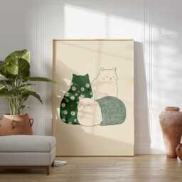Minimal Cat Art Print, Green Floral Illustration, Modern Whimsical Animal Poster, Cozy Scandinavian Wall Art, Cute Minimalist Home Decor - thumbnail 3