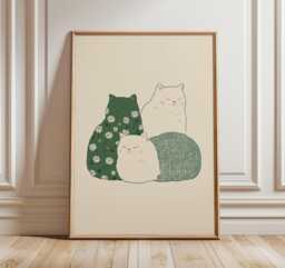 Minimal Cat Art Print, Green Floral Illustration, Modern Whimsical Animal Poster, Cozy Scandinavian Wall Art, Cute Minimalist Home Decor - thumbnail 1