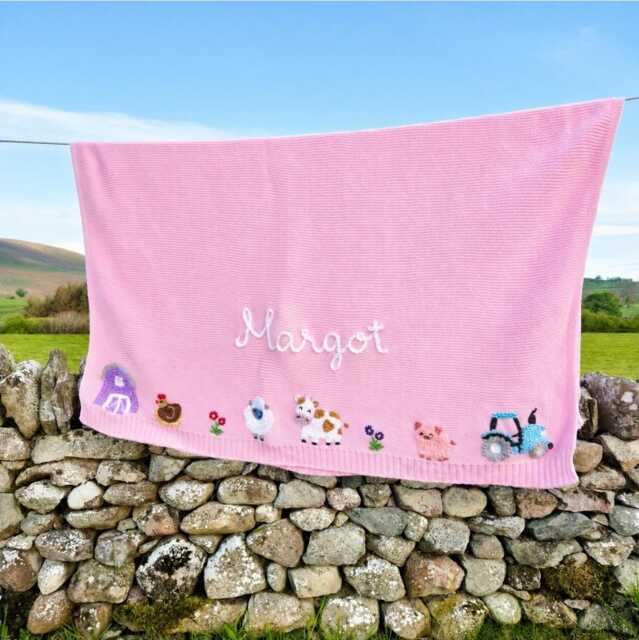 Girl Hand Embroidered Farm Baby Blanket, Personalised Cotton Keepsake Heirloom Gift - image 1