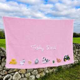 Girl Hand Embroidered Farm Baby Blanket, Personalised Cotton Keepsake Heirloom Gift - thumbnail 2