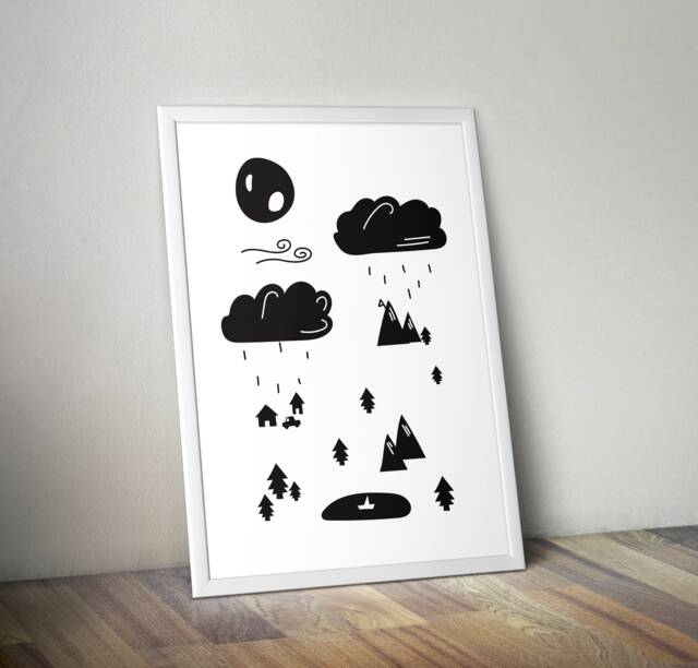 Scandinavian Mountain Scene, Scandi Poster Print - Minimalist, Nordic, Black & White, Winter, High Contrast, Picture Wall, Skiing - image 1