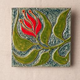 Ceramic Wall Art, Mounted Handmade Tile & Mosaic, 8 Inch Square Tile, Made To Order - Cardinal Flower - thumbnail 3