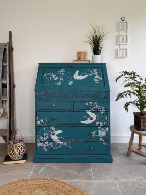 Solid Pine Bureau Desk Painted Rustic Teal With Floral Oriental Decor - image 1