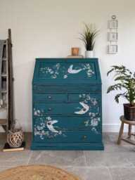 Solid Pine Bureau Desk Painted Rustic Teal With Floral Oriental Decor - thumbnail 1