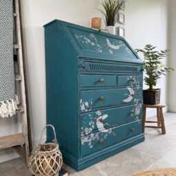 Solid Pine Bureau Desk Painted Rustic Teal With Floral Oriental Decor - thumbnail 2