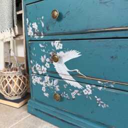 Solid Pine Bureau Desk Painted Rustic Teal With Floral Oriental Decor - thumbnail 3