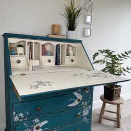 Solid Pine Bureau Desk Painted Rustic Teal With Floral Oriental Decor - thumbnail 4