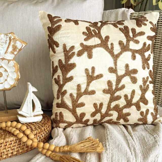 Gold Art Silk Beaded Sea Creature Pattern, Beach Style Throw Pillow Cover/Euro Sham - Coral Shine - image 1