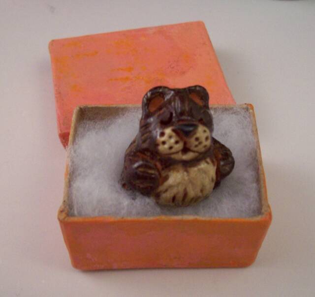 Handmade Miniature Ceramic Teddy Bear, Hand-Painted Box, Original Sculpture - image 1
