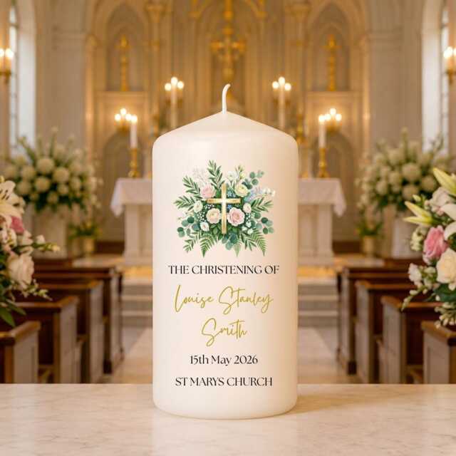 Personalised Christening Candle - Floral Cross Baptism Custom Baby Name Christened Keepsake Gift Church Ceremony - image 1