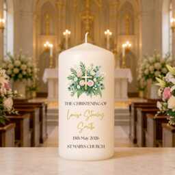 Personalised Christening Candle - Floral Cross Baptism Custom Baby Name Christened Keepsake Gift Church Ceremony - thumbnail 1