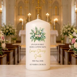 Personalised Christening Candle - Floral Cross Baptism Custom Baby Name Christened Keepsake Gift Church Ceremony - thumbnail 3