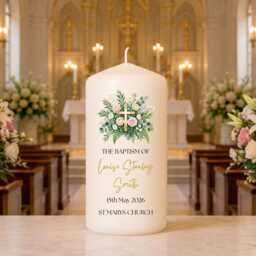 Personalised Christening Candle - Floral Cross Baptism Custom Baby Name Christened Keepsake Gift Church Ceremony - thumbnail 2